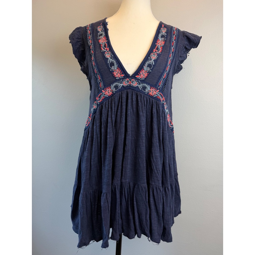 Free People Navy Blue Embroidered Boho Mini Dress XS Flowy VNeck